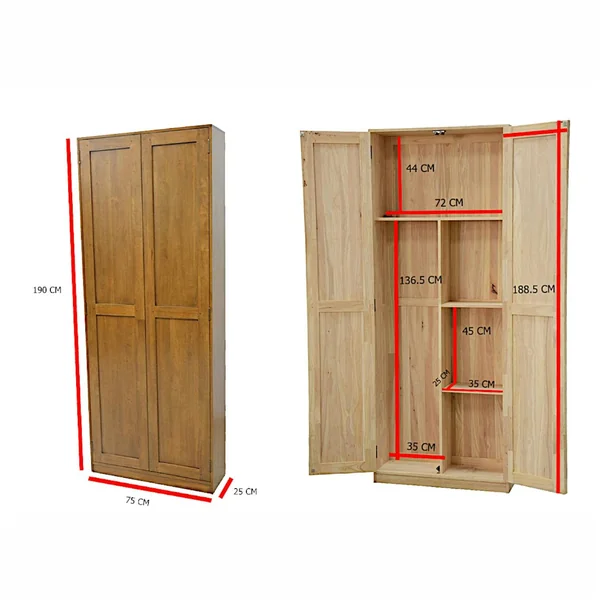 Armoire 2 portes en hévéa + étagères 190 cm TRADITION