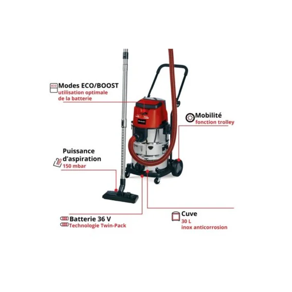 Aspirateur eau et poussière sans fi Einhell TE-VC 36/30 Li 36V - 2x4AH