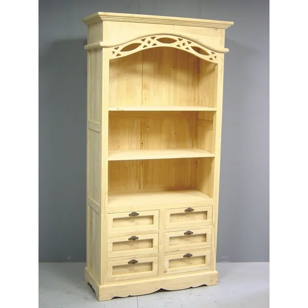 Bibliothèque ouverte Hévéa 6 tiroirs, 3 niches étagères 100x45x196cm MAORI