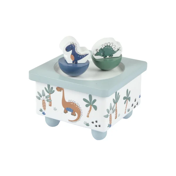 BOITE A MUSIQUE BOIS AVEC ANIMAUX DINO WORLD 10X10X11CM