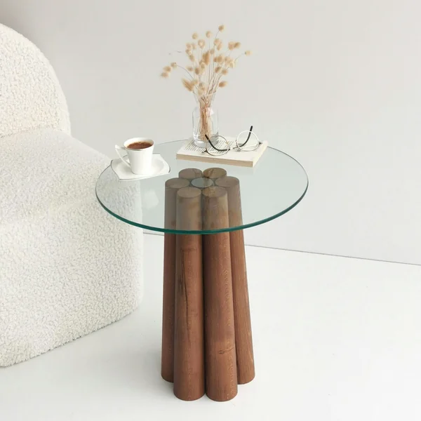 Bout de canapé en verre et bois brun - base sculptée ANZIO
