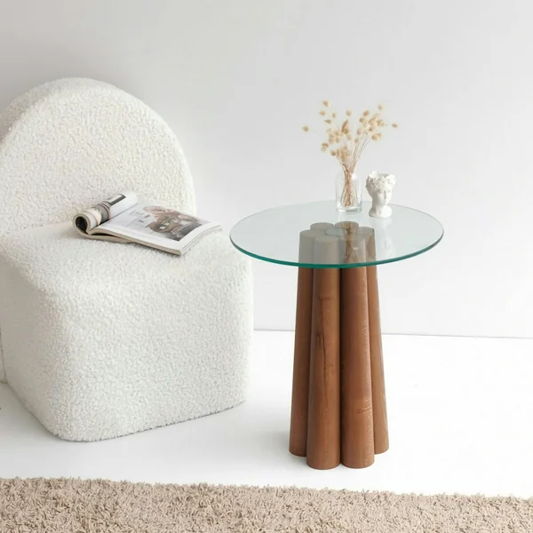 Bout de canapé en verre et bois brun - base sculptée ANZIO