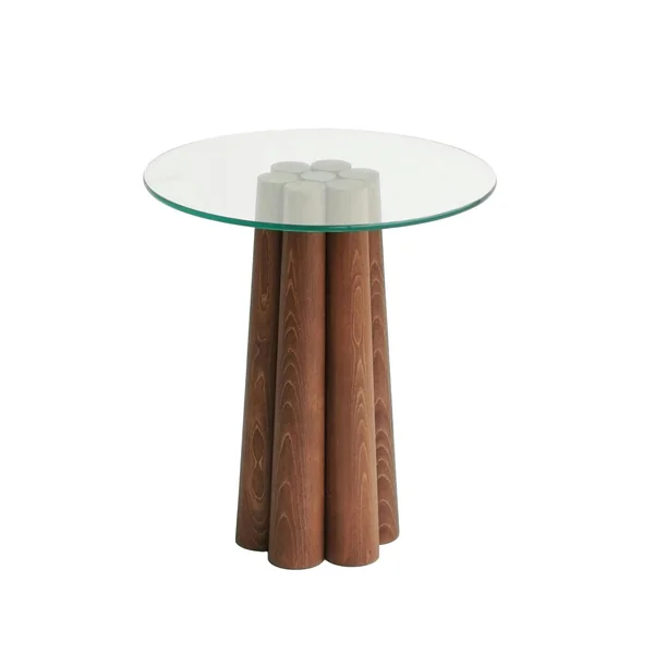 Bout de canapé en verre et bois brun - base sculptée ANZIO