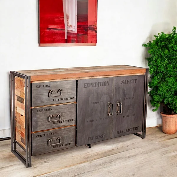 Buffet bois recyclé 2 portes 3 tiroirs 160x45x90cm CARAVELLE