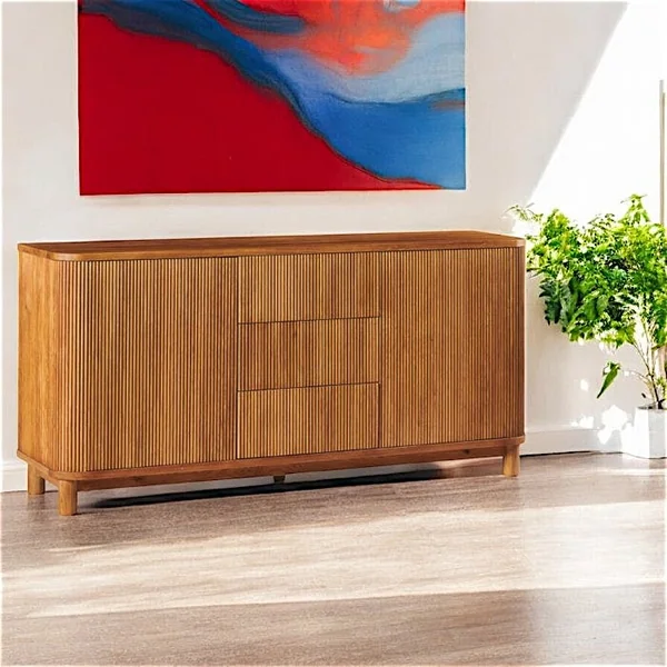 Buffet chêne rainuré moderne 2 portes 3 tiroirs IENA