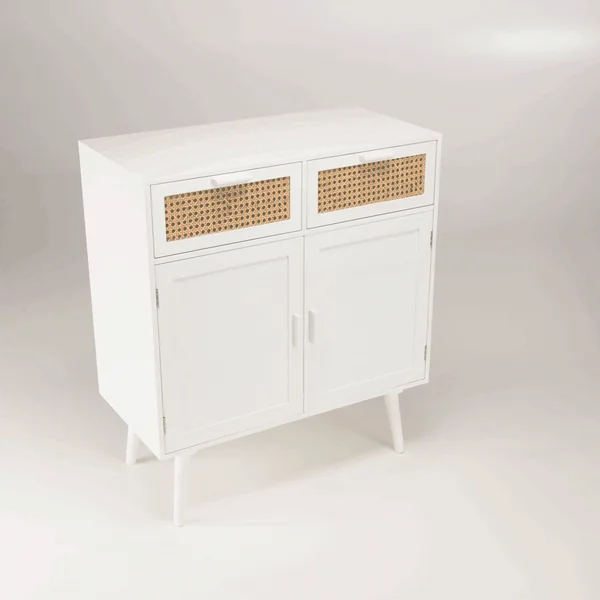 Buffet moderne bois blanc 2 portes 2 tiroirs rotin CALVIA