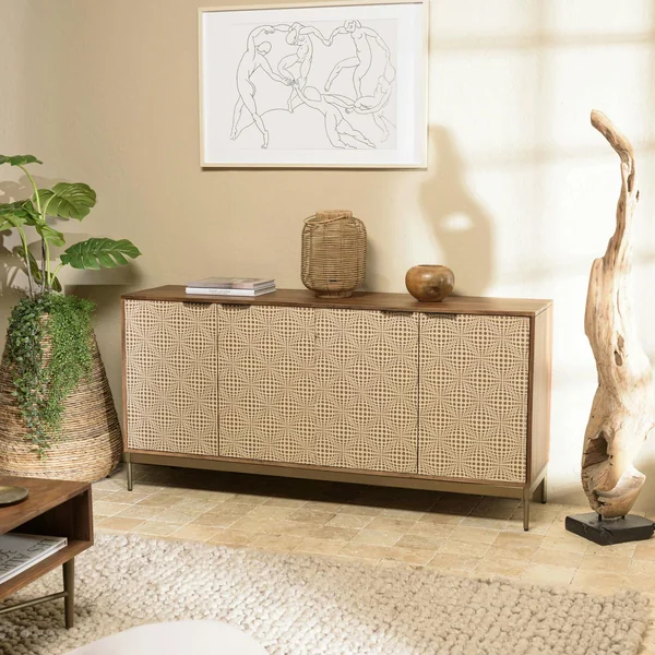 Buffet vintage manguier 4 portes motifs losanges pieds métal doré KANHA