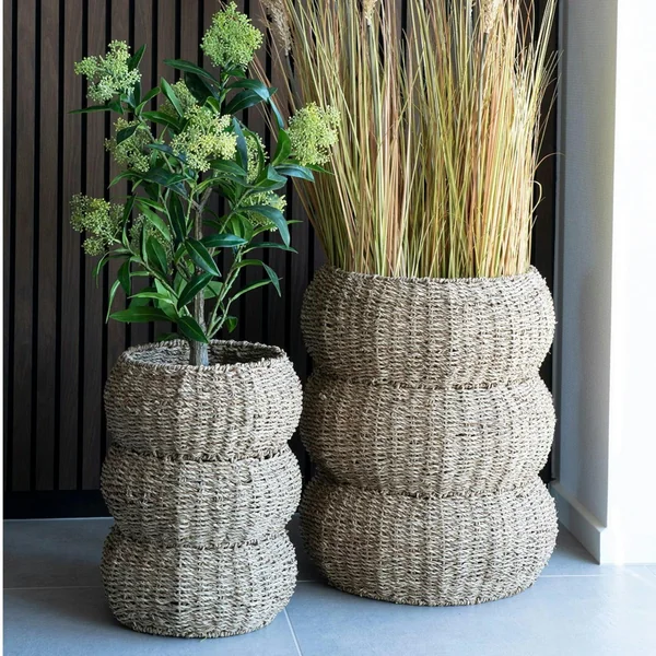 Cache-pot en jonc de mer pour grandes plantes, forme ronde (lot de 2)