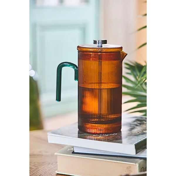 Cafetière à piston striée en verre borosilicate ambre et émeraude 1L