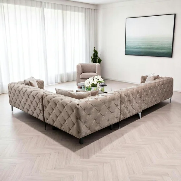 Canapé d'angle beige en velours capitonné - côté droit DOVER