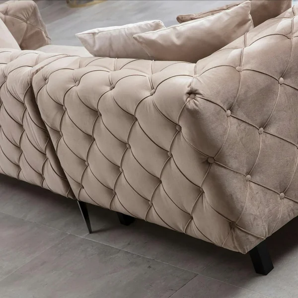 Canapé d'angle beige en velours capitonné - côté droit DOVER