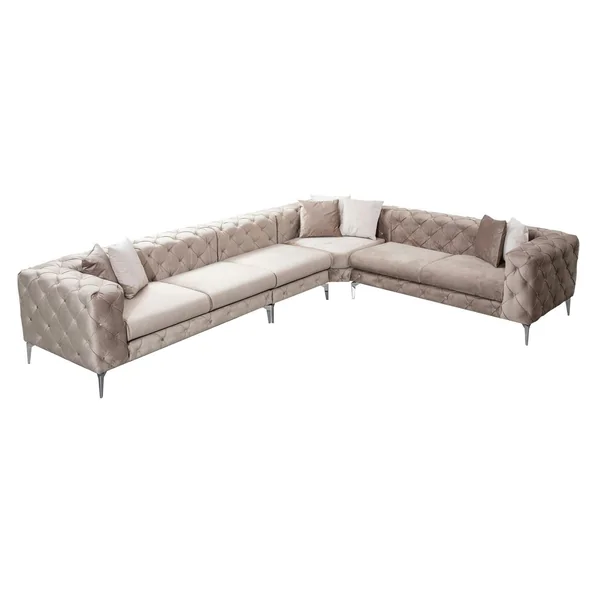Canapé d'angle beige en velours capitonné - côté droit DOVER