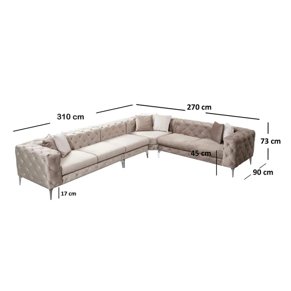 Canapé d'angle beige en velours capitonné - côté droit DOVER