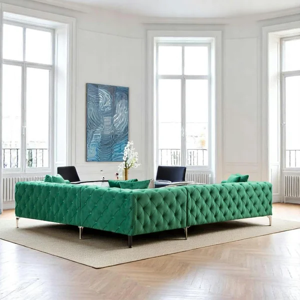 Canapé d'angle vert en velours capitonné - côté droit DOVER