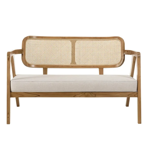 Canapé exotique 2 places dossier cannage teck et coussin gris MANAK