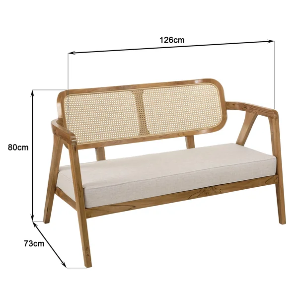 Canapé exotique 2 places dossier cannage teck et coussin gris MANAK