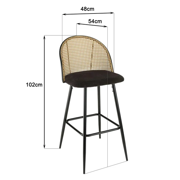 Chaise de bar assise velours noir dossier rotin arrondi (lot de 2) LOANO