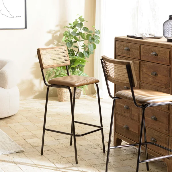 Chaise de bar cuir havane et cannage (lot de 2) TIM
