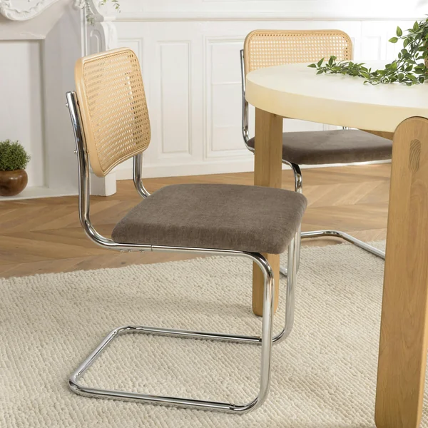 Chaise métal chromé assise velours taupe dossier rotin (lot de 2) LOANO