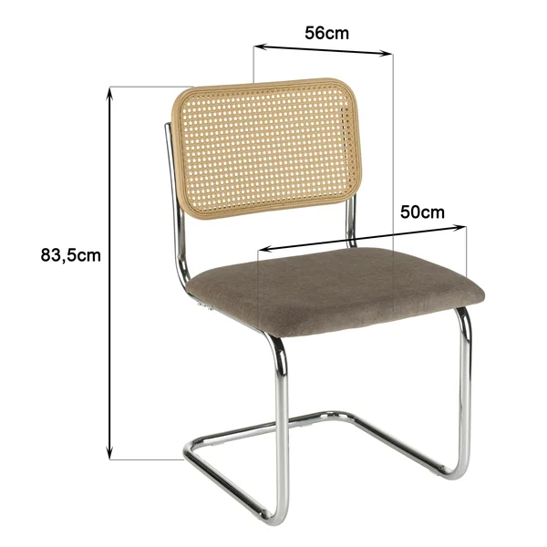 Chaise métal chromé assise velours taupe dossier rotin (lot de 2) LOANO