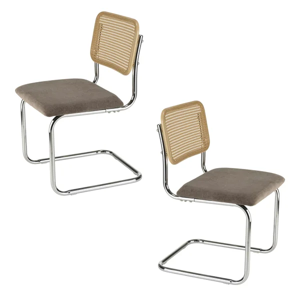 Chaise métal chromé assise velours taupe dossier rotin (lot de 2) LOANO