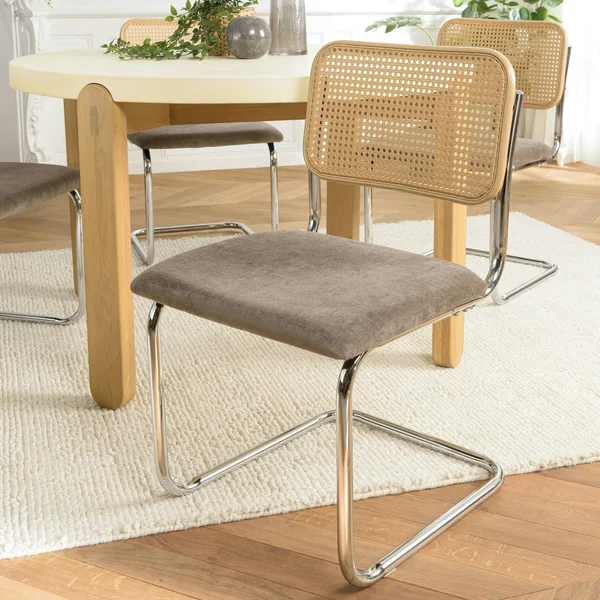 Chaise métal chromé assise velours taupe dossier rotin (lot de 2) LOANO