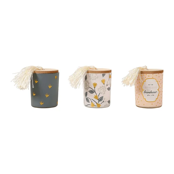 Coffret de 3 bougies parfumées avec couvercle en bois à pompon 5x7cm