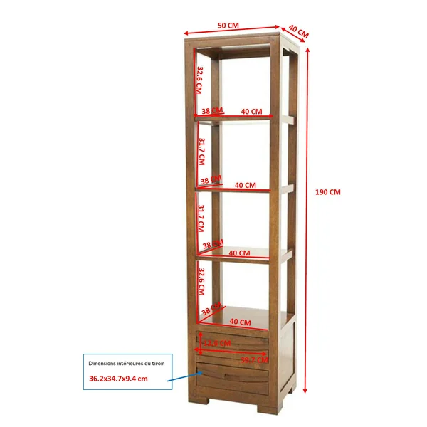 Colonne Hévéa 2 tiroirs, 4 étagères 50x40x190cm NIAGARA