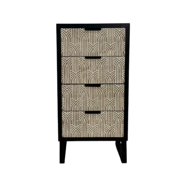Commode 4 tiroirs bois et métal décor oriental