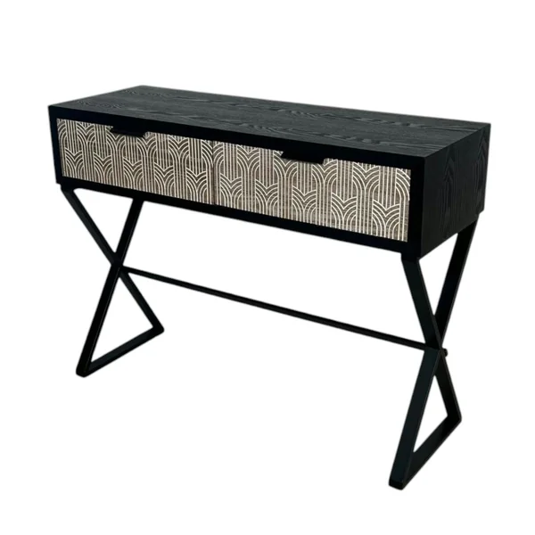 Console 2 tiroirs bois et métal décor art-déco