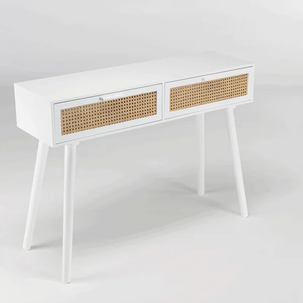 Console blanche moderne 2 tiroirs cannage naturel CALVIA