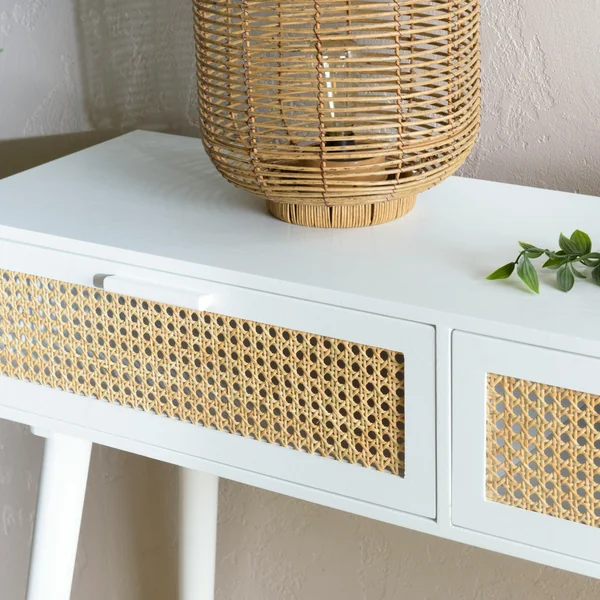 Console blanche moderne 2 tiroirs cannage naturel CALVIA