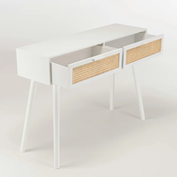 Console blanche moderne 2 tiroirs cannage naturel CALVIA