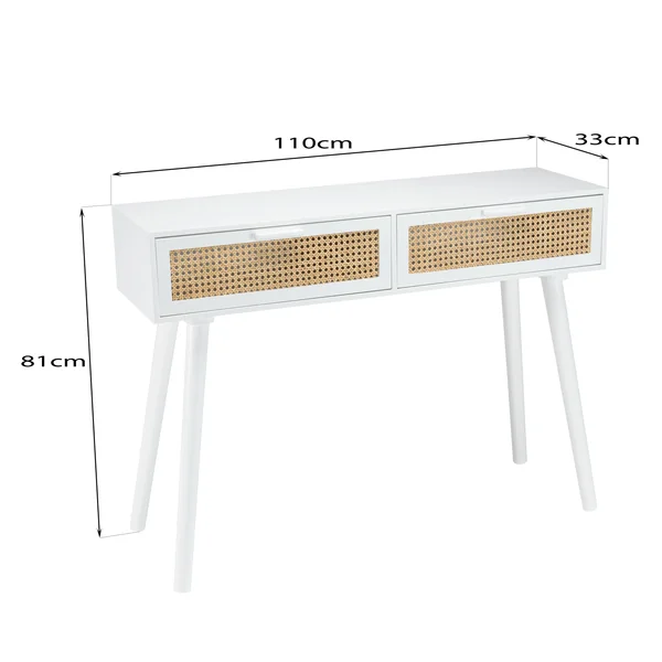 Console blanche moderne 2 tiroirs cannage naturel CALVIA