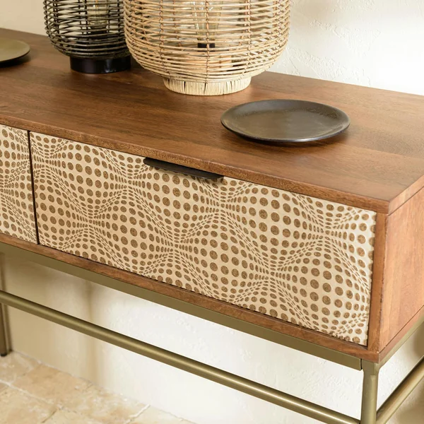 Console bois vintage pieds métal laiton 2 tiroirs graphiques KANHA