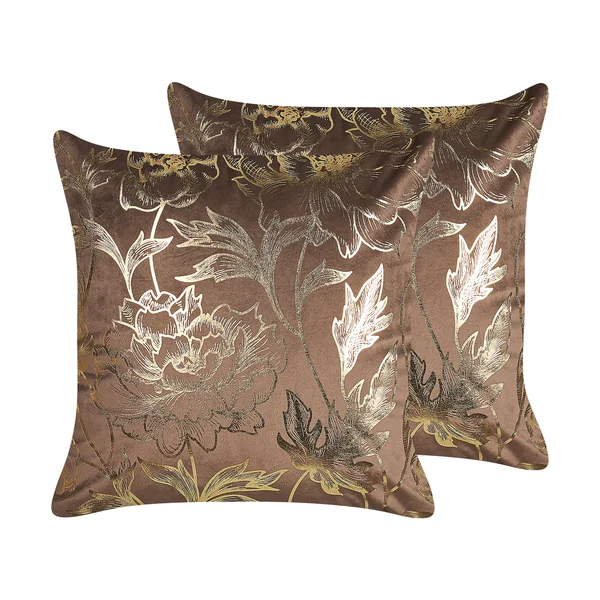 Dekokissen 2er Set DAFFODIL Samtstoff 45 x 45 cm Braun Blumenmuster