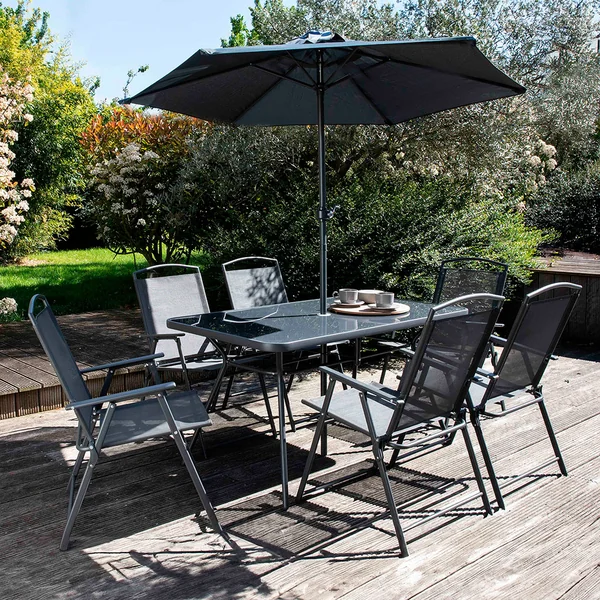 Ensemble table de jardin, 6 chaises et parasol central noir en acier 140x80cm - Braga
