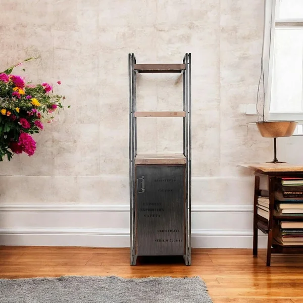 Etagère bois recyclé 3 plateaux 1 porte 60x210 CARAVELLE