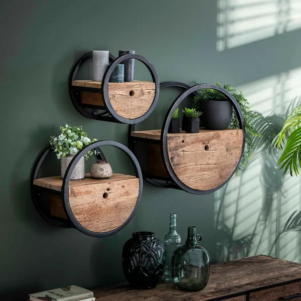 Etagère murale ronde bois recyclé brut 1 tiroir D30 cm CYCLADES