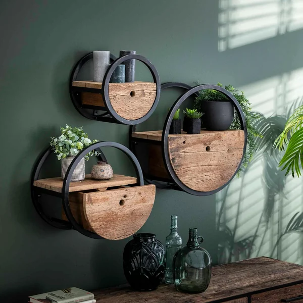Etagère murale ronde bois recyclé brut 1 tiroir D30 cm CYCLADES