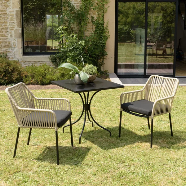 Fauteuil de jardin cordage couleur naturelle 1 coussin noir (lot de 2) GIJON