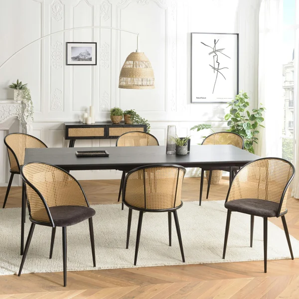 Fauteuil de table assise velours noir dossier cannage arrondi (lot de 2) LOANO