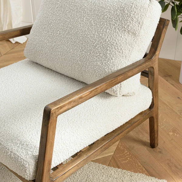 Fauteuil relax en bois coussin tissu bouclette écru TIM