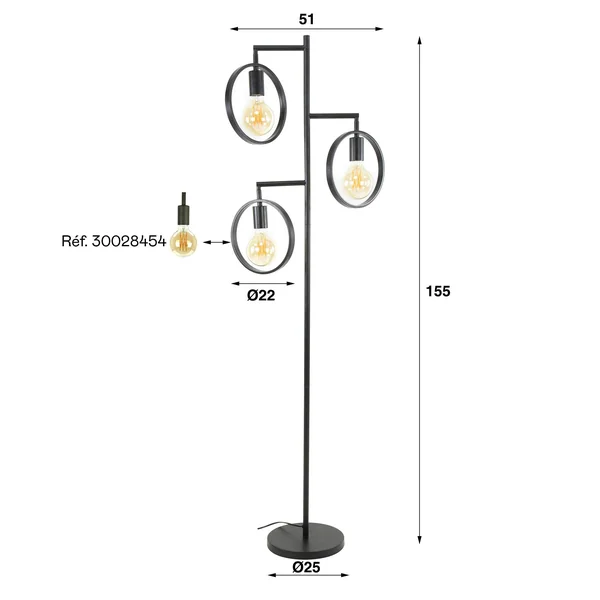 Lampadaire de salon 3 anneaux, finition charbon RALF