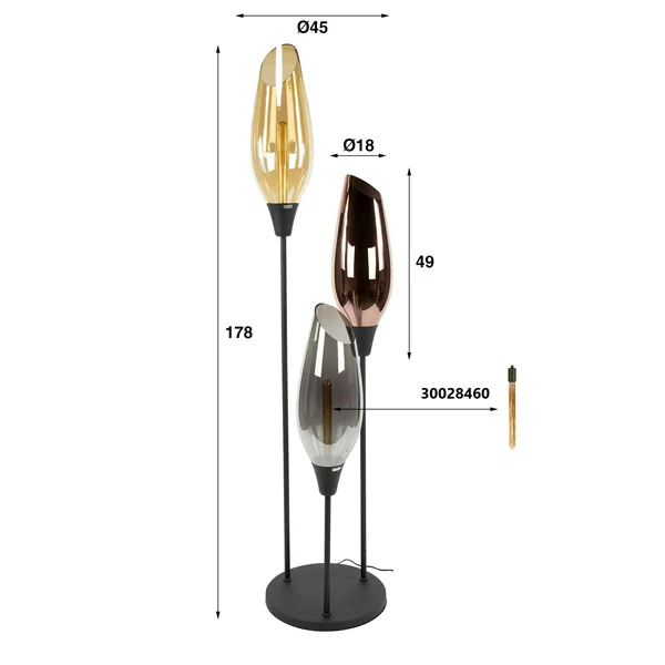Lampadaire vintage XL avec abat-jour en verre forme torche NIAGARA
