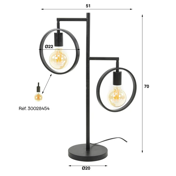 Lampe décorative 2 anneaux, finition charbon RALF