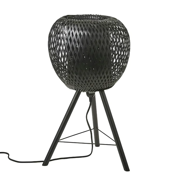 Lampe forme Pomme en bambou ajouré noir et pieds métal D33xH59cm