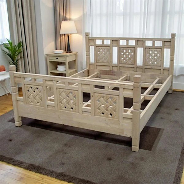 Lit 2 places Hévéa pour couchage 140x190cm motifs tressés 203x153x95cm MAORI TRADITION