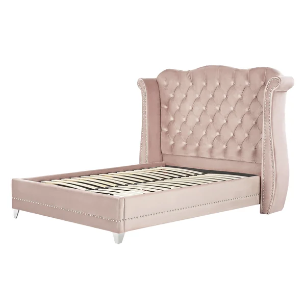 Lit avec sommier Velours AYETTE 160 x 200 cm Rose pastel
