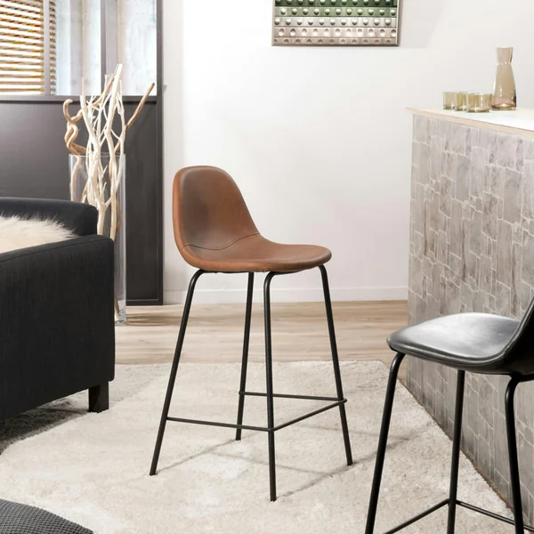 Lot de 2 Chaises de Bar effet couture apparente en métal et tissu marron 41x45x87cm TIM